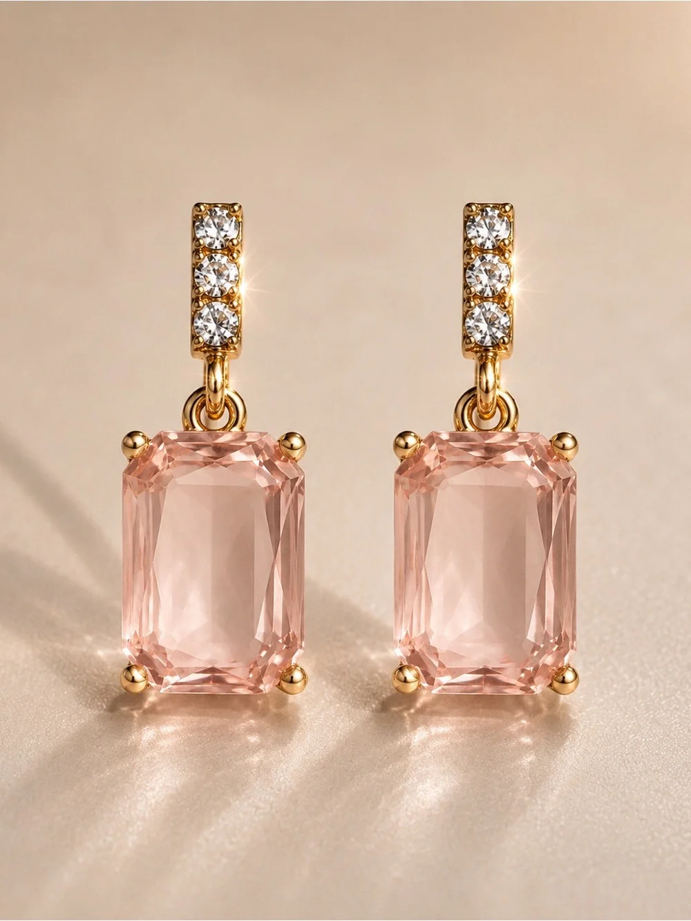 Emerald-Cut Crystal Drop Earrings – Pink